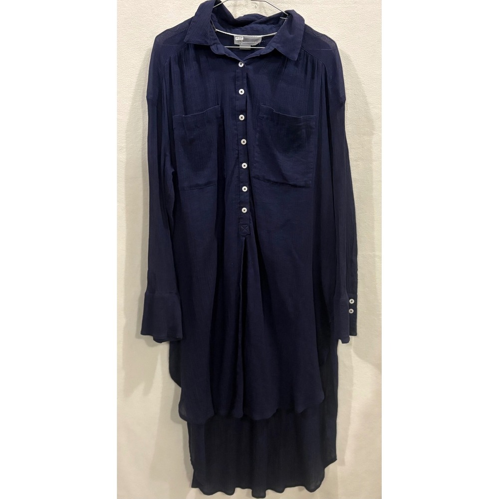Anthropologie Navy Blue Gauze High Low Button Down Tunic Top Pocket Long Sleeve